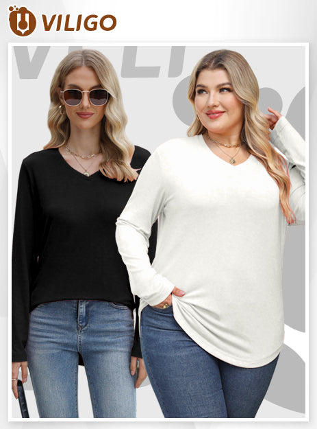 VILIGO Women's 4-Pack V-Neck Long Sleeve Shirts – Soft, Comfortable, Curved Hem Basic Tops in Multiple Colors for Casual Wear
