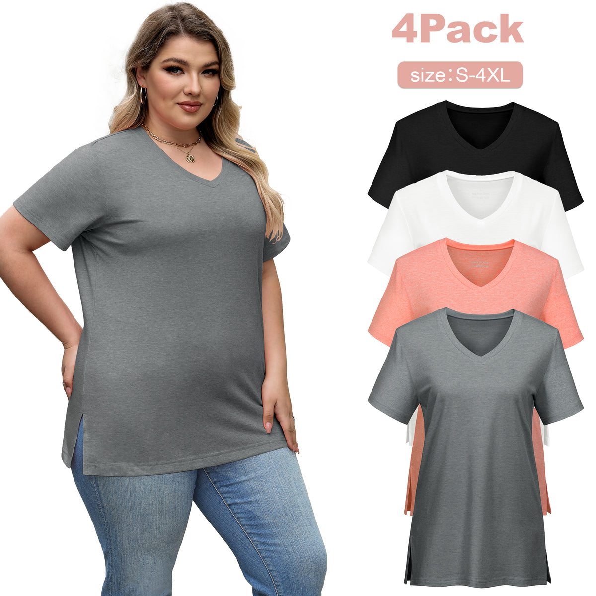 VILIGO Casual V-Neck Plain Tees – Set of 4, Assorted Colors, Flat Hem Soft and Comfortable Womenswear womens basic shirts Summer Top Minimalist Shortsleeve Plus Size Outfits Tshirt Vneck Streetwear
