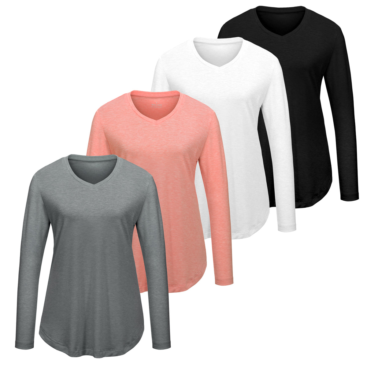 VILIGO Women's 4-Pack V-Neck Long Sleeve Shirts – Soft, Comfortable, Curved Hem Basic Tops in Multiple Colors for Casual Wear