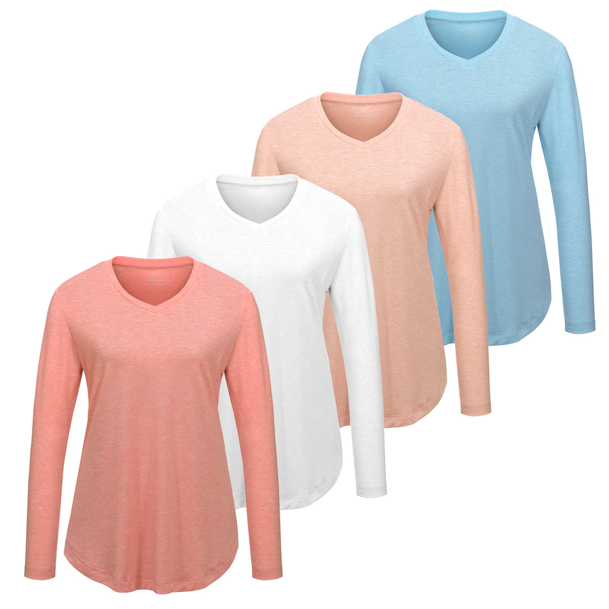 VILIGO Women's 4-Pack V-Neck Long Sleeve Shirts – Soft, Comfortable, Curved Hem Basic Tops in Multiple Colors for Casual Wear